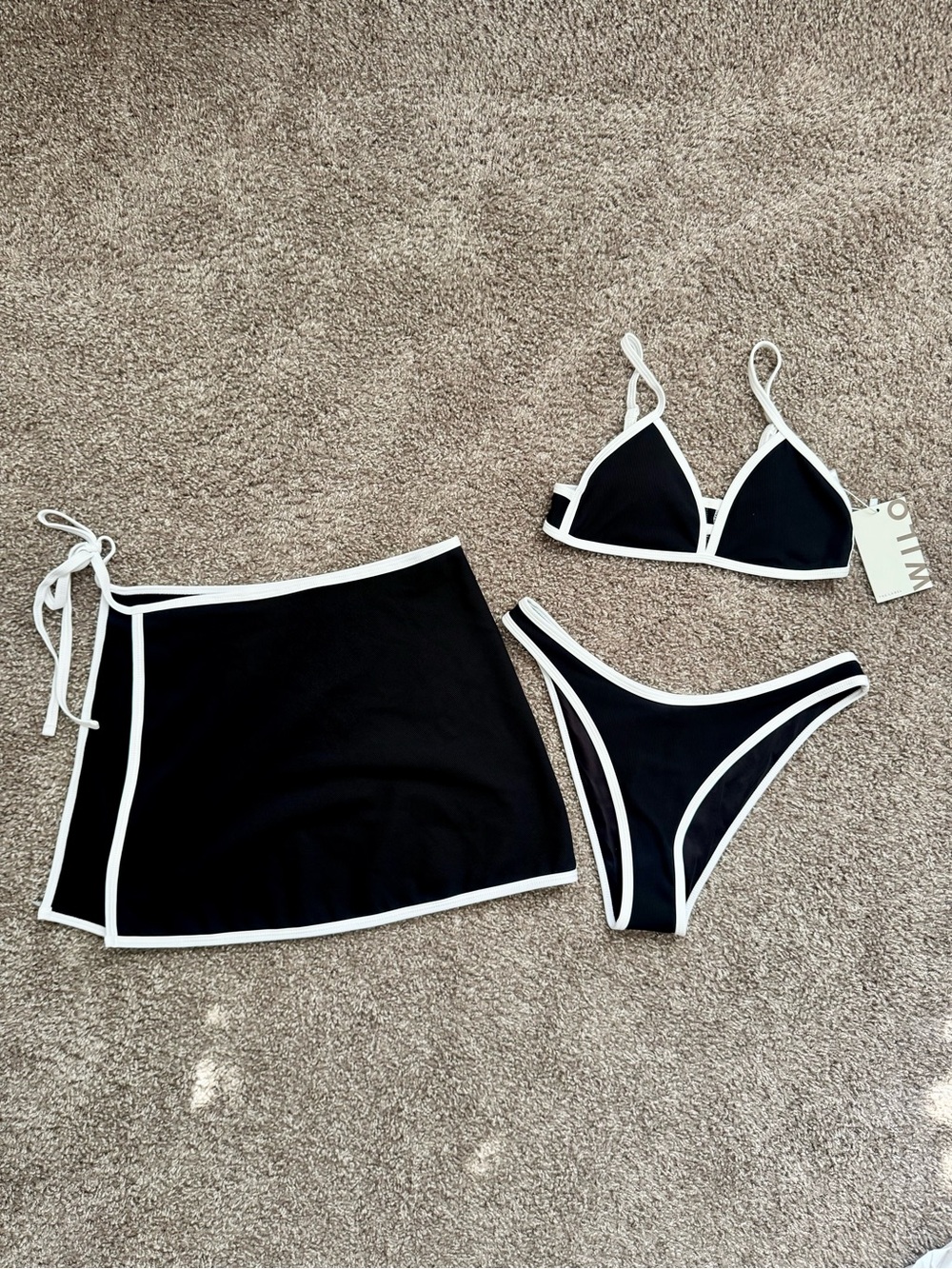 WILO The Label 3 Piece Contrast Bikini Set w/ Skirt Black White XS/S NWT